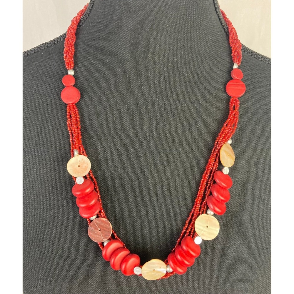 Red Multi-Strand Statement Necklace Braided Seed Bead Wood & Shell Accents